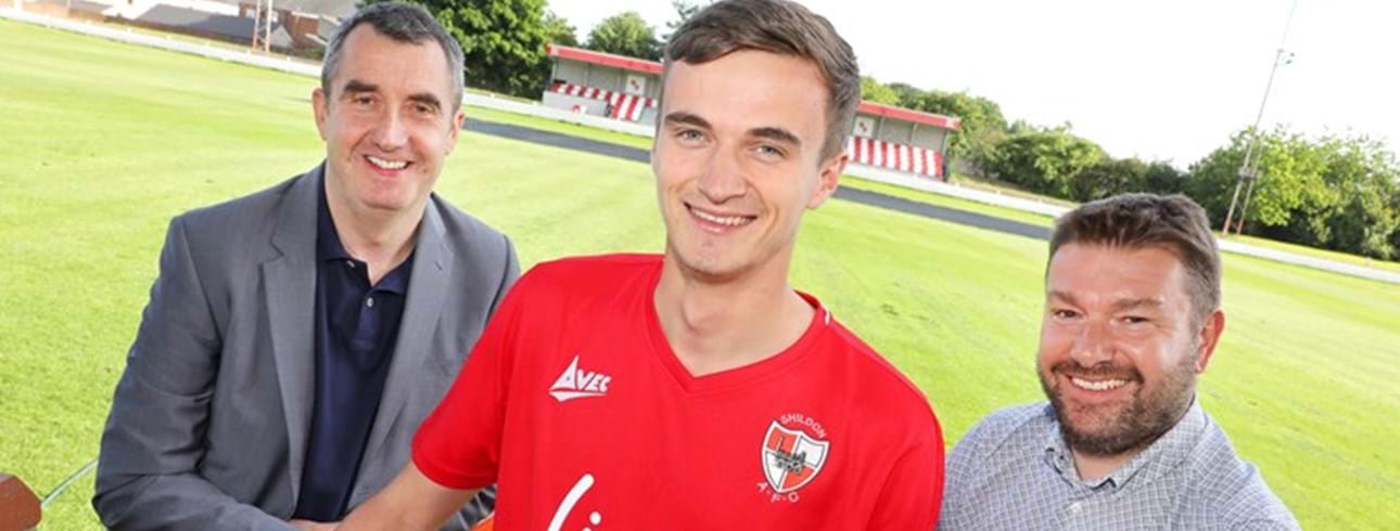 The Chairman of Shildon AFC (David Dent) with Bradley Hird (Livin staff member and Shildon AFC player) and Alan Boddy, Executive Director of Housing and Operations at Livin